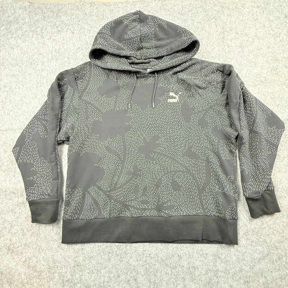 Puma Tops - Puma Womens Size L Abstract Floral Dash Print Hoodie Gray Gold Logo 598960-61
